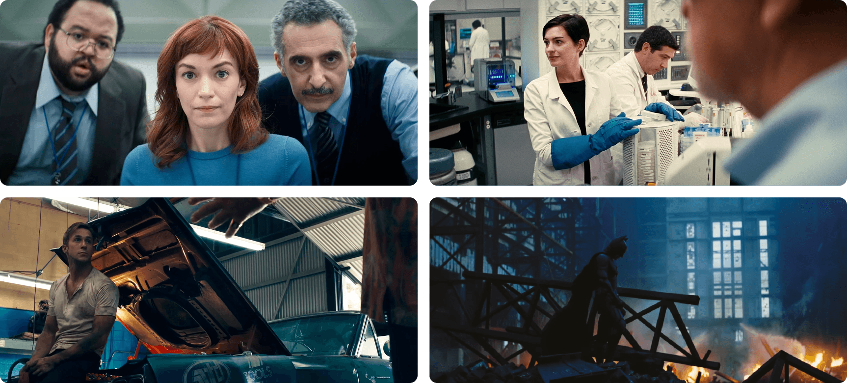 Stills from the following movies and shows: Severance, Interstellar, Drive, and The Dark Knight.