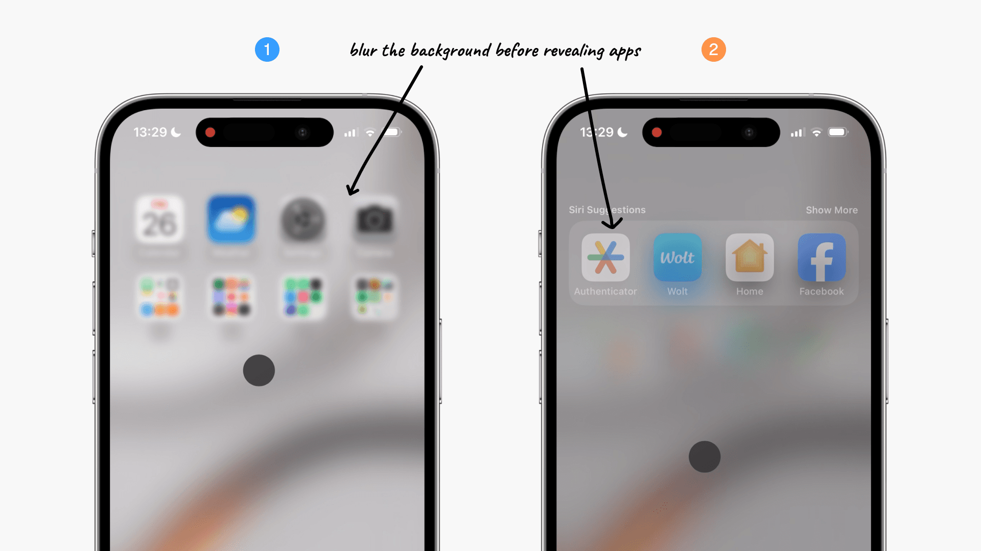 Two of the first states are displayed in iPhone frames, illustrating that the Home Screen background layer needs to be adequately blurred before revealing Siri suggested apps.